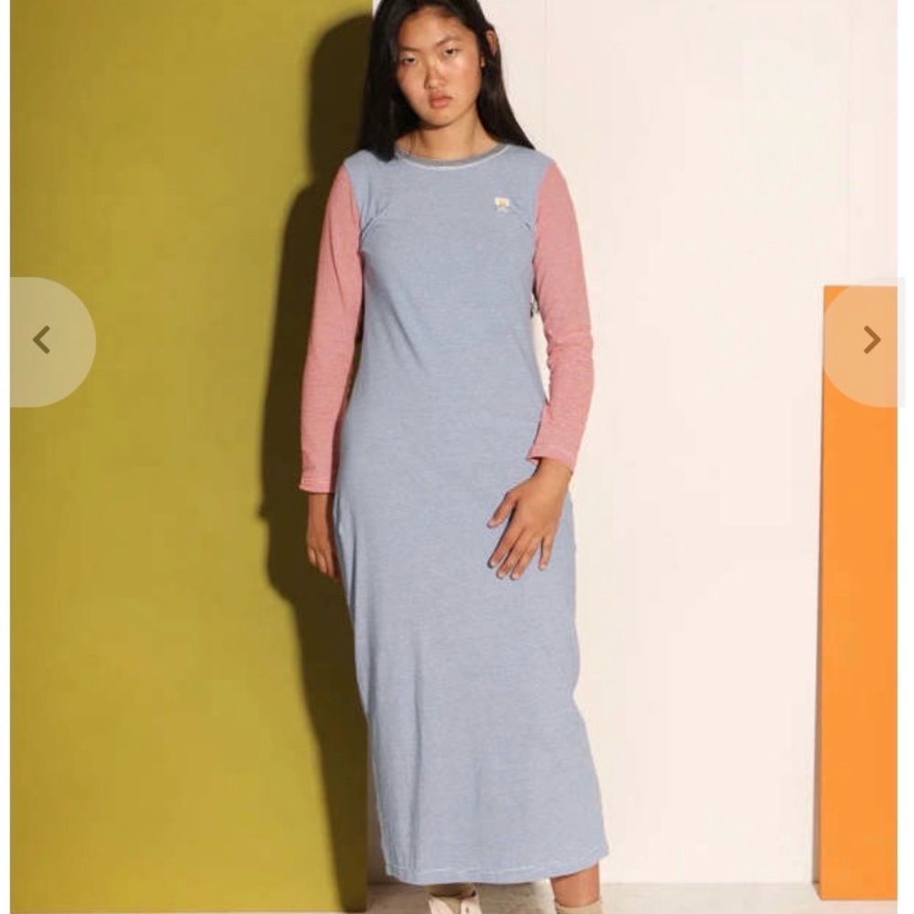 Chic Long Sleeve Blue and Pink Maxi Dress
